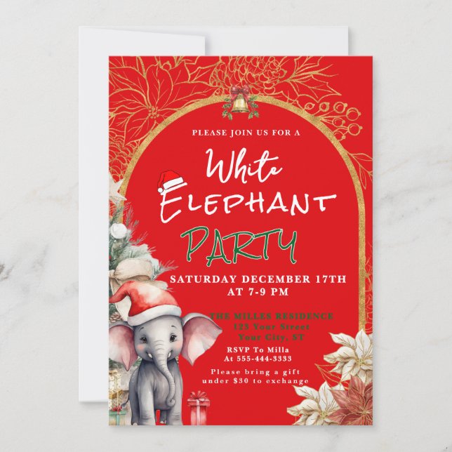 Convite Troca de Presentes Elefante Branco Dourado, Branco (Frente)