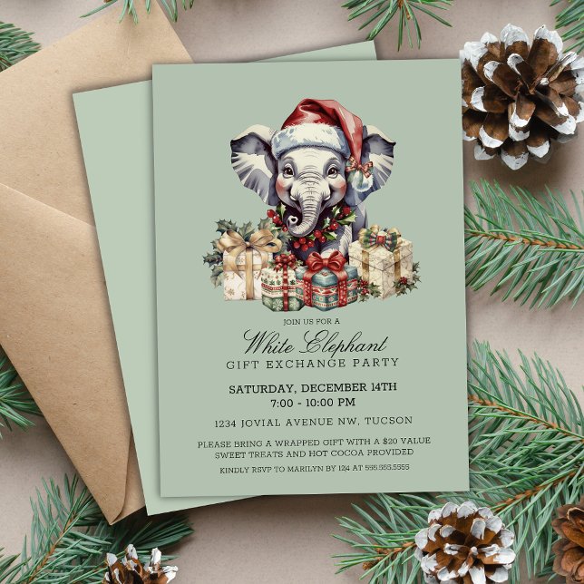 Convite Troca de Presentes Natalinos Festivos Elefante Bra (Cute Sage Green festive Christmas White Elephant Gift Exchange Party Invitations printable digital)