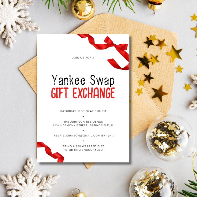 Convite Troca de presentes no Arco Vermelho Whimsical Yank (Whimsical Red Bow Yankee Swap Gift Exchange Invitation)