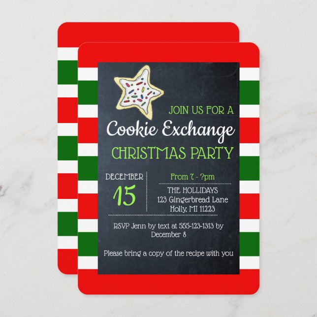 Convite Trocando Cookies Quadro-negro Listra Vermelha e Ve (Frente/Verso)
