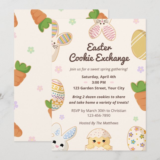 Convite Trocas de Cookies de Páscoa Florais Doce Primavera (Frente/Verso)