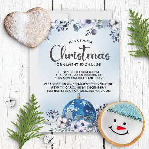Convite Trocas de Ornamentos Florais de Natal Azul Branco