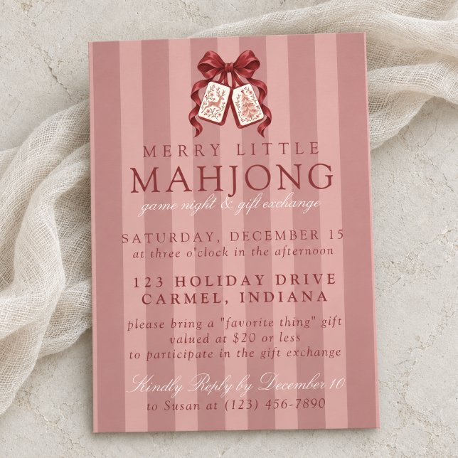 Convite Troféu de Natal de Mahjong com Laço Rosa (Pink Bow Christmas Mahjong Gift Exchange Invitation)