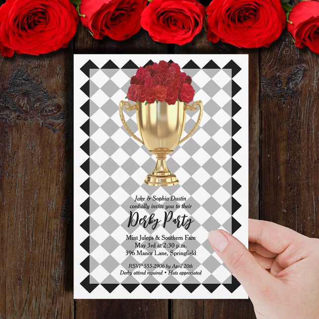 Convite Troféu Derby Day e Rosas (Derby Day trophy and red roses on diamond checks invitations - PRINTED and/or INSTANT DOWNLOAD)
