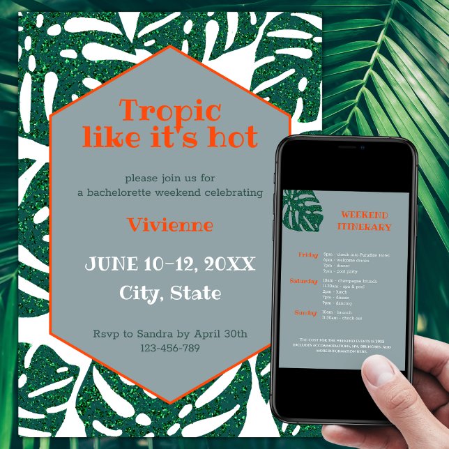 Convite Tropic Como se fosse o Fim de Semana da Bacheloret (Tropic like it's hot tropical bachelorette party invitation glitter monstera green and orange)