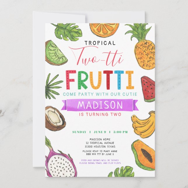 Convite Tropical 2-tti Frutti Verão Segundo Aniversário (Frente)