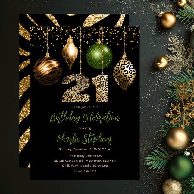 Convite Tropical Animal Skybles aniversário de 21 anos (Glamorous Tropical Animal Print Baubles 21st Birthday Party Invitation in Black, Gold & Olive Green)