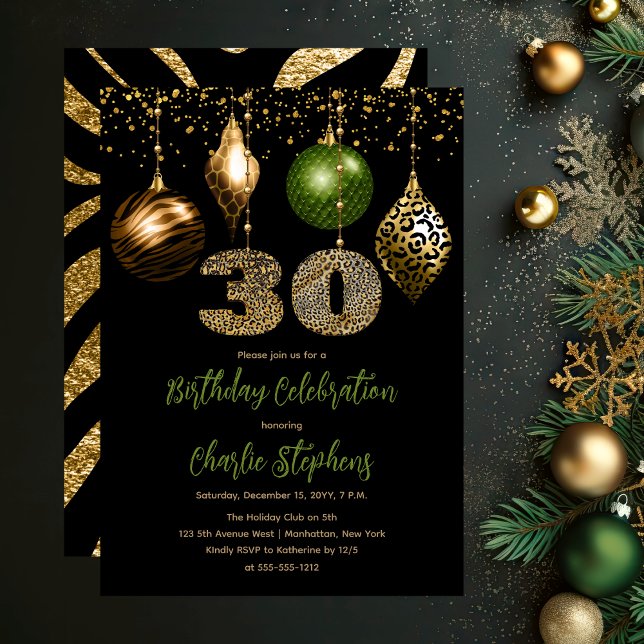 Convite Tropical Animal Skybles aniversário de 30 anos (Glamorous Tropical Animal Print Baubles 30th Birthday Party Invitation in Black, Gold & Olive Green)