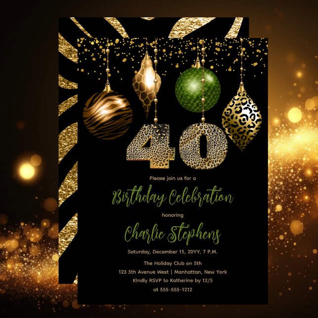 Convite Tropical Animal Skybles aniversário de 40 anos (Glamorous Tropical Animal Print Baubles 40th Birthday Party Invitation in Black, Gold & Olive Green)