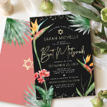 Convite Tropical Bat Mitzvah Black Dourada Floral Watercol<br><div class="desc">Tenha orgulho, alegria e mostre este marco do seu Bat Mitzvah favorito com este sofisticado e personalizado convite! Na moda, atordoante, colorida, aves aquáticas tropicais de flores paraíso, falso roteiro dourado manuscrito, Estrela de David e pontos brilhantes, juntamente com o moderno tipo sans serif, sobrepõem um fundo preto e dramático....</div>