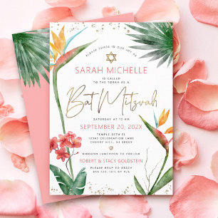 Convite Tropical Bat Mitzvah Floral Aquarela Letra Dourada
