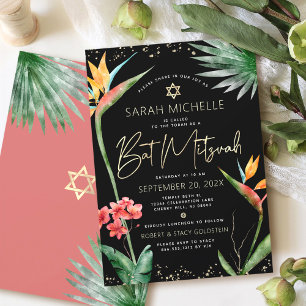 Convite Tropical Bat Mitzvah Preto Dourado Floral Aquarela