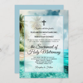 Convite Tropical Beach Coastal Watercolor Catholic Wedding