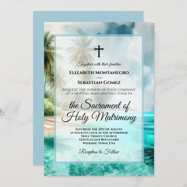 Convite Tropical Beach Coastal Watercolor Catholic Wedding (Frente/Verso)