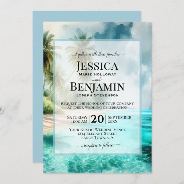 Convite Tropical Beach Coastal Watercolor Stylish Wedding (Frente/Verso)