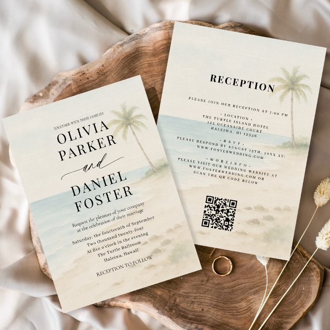 Convite Tropical Beach Destination QR Code Wedding  (Criador carregado)