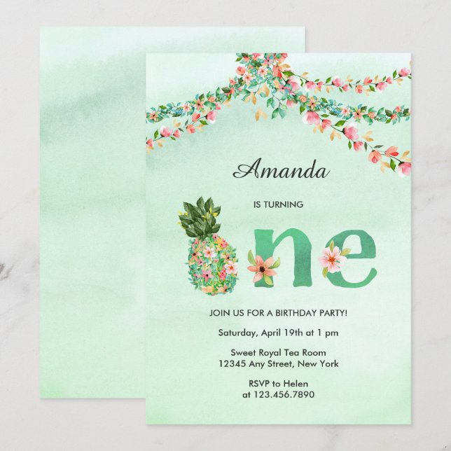 Convite Tropical Beach Floral Watercolor Primeiro Aniversá (Frente/Verso)