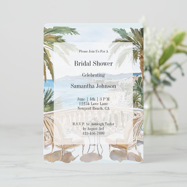 Convite Tropical Beach French Riviera Bridal Shower (Em pé/Frente)