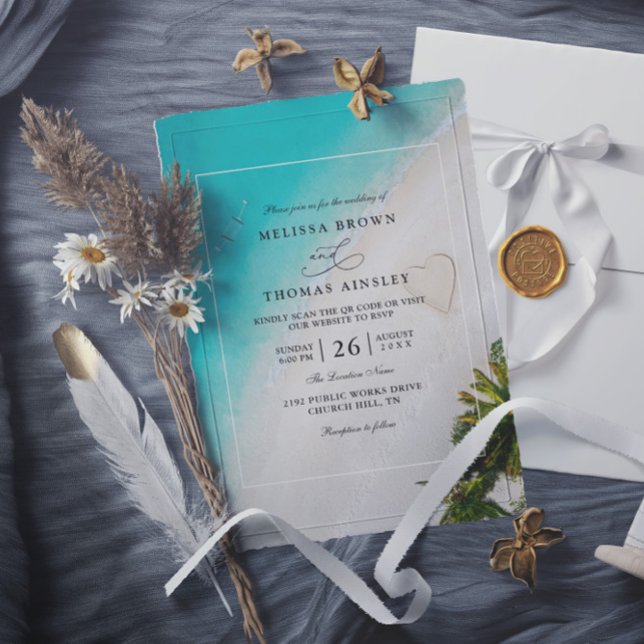 Convite Tropical Beach Monogram Modern QR Code Wedding (Criador carregado)