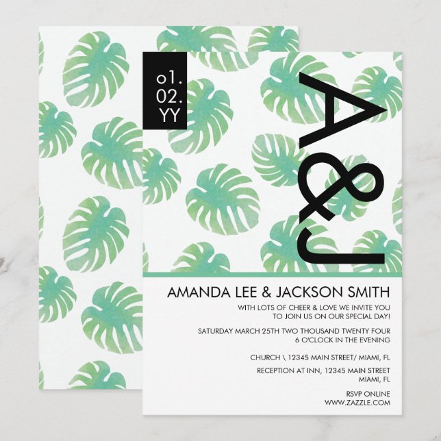 Convite Tropical Beach Monstera Green Black Wedding Invita (Frente/Verso)