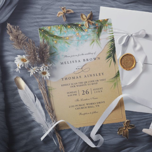 Convite Tropical Beach Palm Lights Photo QR Code Wedding (Criador carregado)