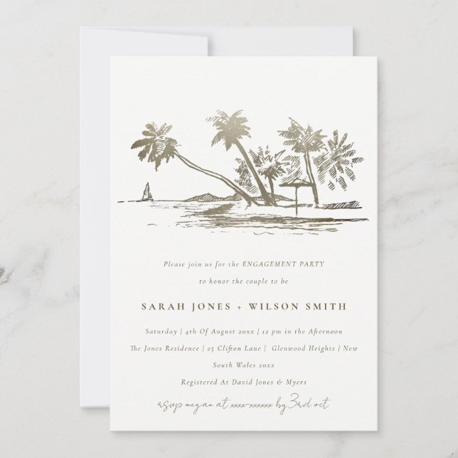 Convite Tropical Beach Palm Tree Sketch Gold Engagement (Frente)