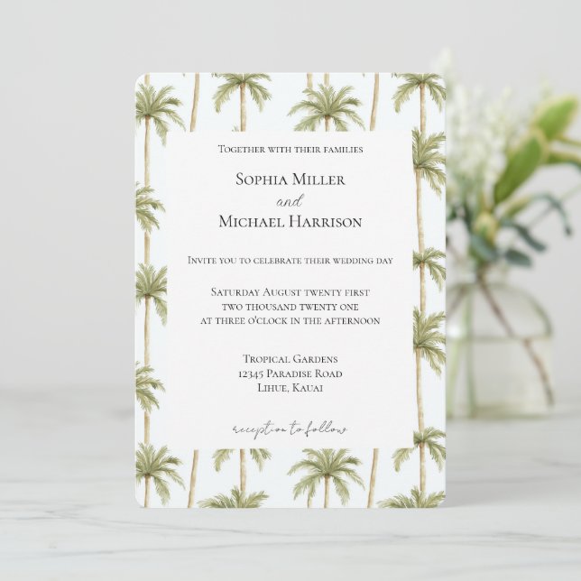 Convite Tropical Beach Palm Trees Wedding (Em pé/Frente)