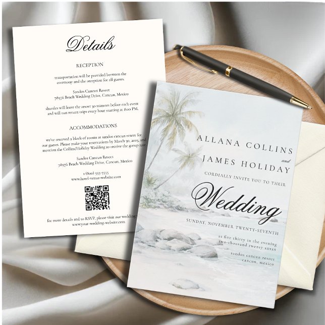 Convite Tropical Beach Palm Watercolor Wedding Invitation (Criador carregado)