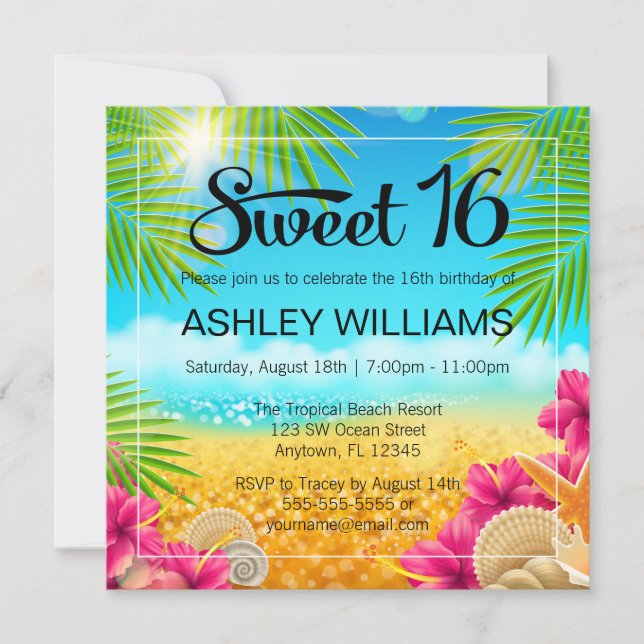 Convite Tropical Beach Pink Hibiscus Sweet 16 Aniversário (Frente)