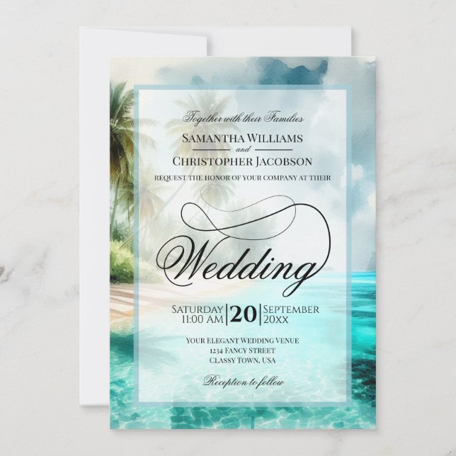 Convite Tropical Beach Watercolor Fancy Script Wedding (Frente)