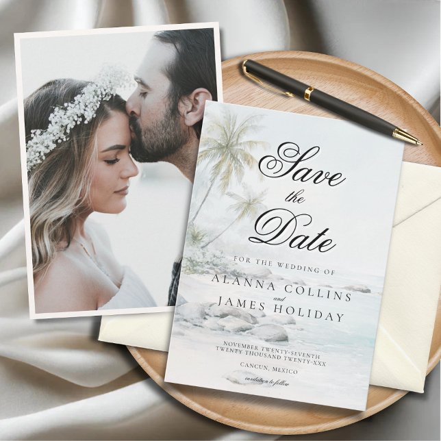 Convite Tropical Beach Watercolor Photo Save the Date  (Beach-themed “Save the Date” card for Alanna Collins and James Holiday beside a wedding photo.)
