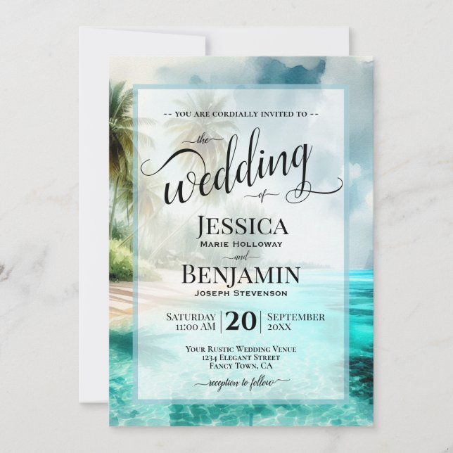 Convite Tropical Beach Watercolor Stylish Script Wedding (Frente)