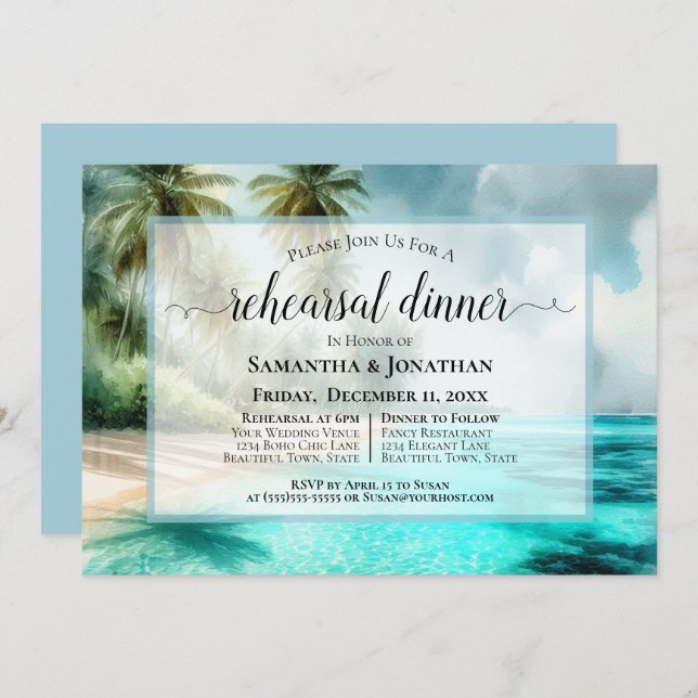 Convite Tropical Beach Watercolor Wedding Rehearsal Dinner (Frente/Verso)