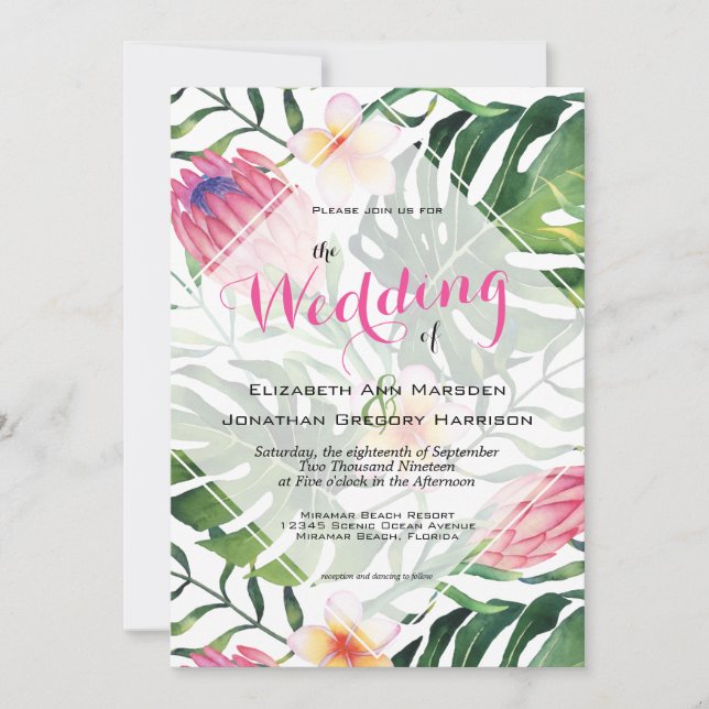 Convite Tropical Beach Wedding Pink Protea Floral Greenery (Frente)