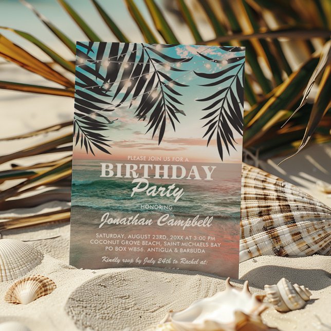 Convite Tropical Birthday Beach Party | String de luzes (Criador carregado)