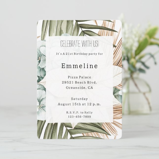 Convite Tropical Blue White Flowers Birthday   (Em pé/Frente)