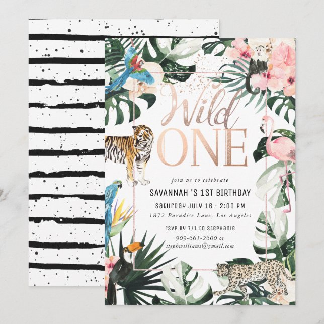 Convite Tropical Chic | Festa de Aniversário Pink Wild One (Frente/Verso)