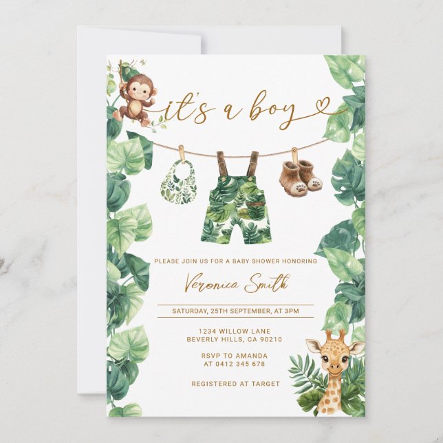 Convite  Tropical clothesline Boy Baby Shower (Frente)