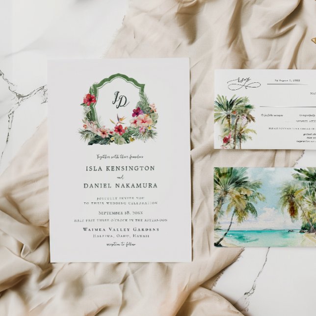 Convite Tropical Crest Hibiscus Hawaii Destination Wedding (Criador carregado)
