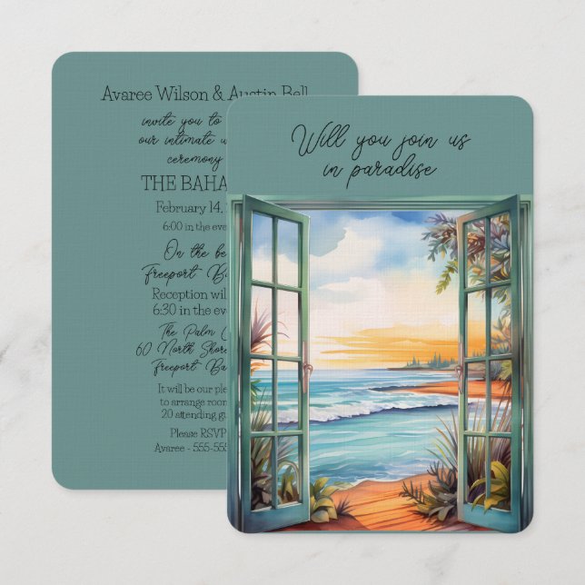 Convite Tropical de Paraíso da Cena de Praia Aberta (Frente/Verso)