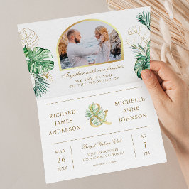 Convite Tropical Dourado Monstera Palmeira Código QR Foto 
