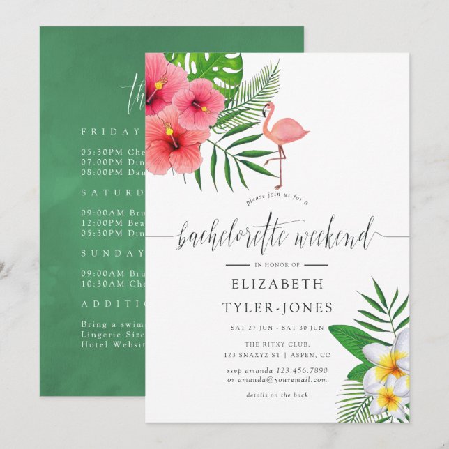 Convite Tropical Flamingo Aloha Luau Bachelorette Weekend (Frente/Verso)