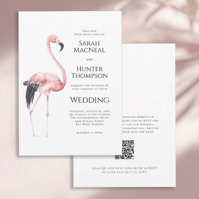 Convite Tropical Flamingo Beach Wedding QR code (Criador carregado)