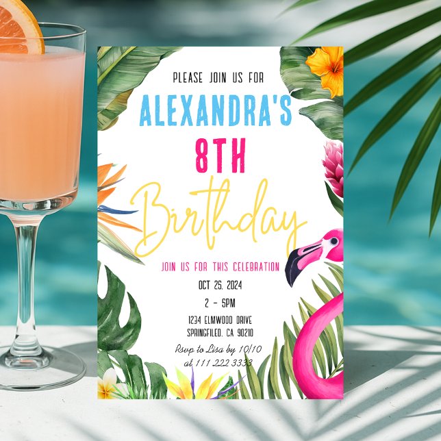 Convite Tropical Flamingo Floral Girl Luau Aniversário de  (Tropical Flamingo Floral Girl Luau Kids Birthday Invitation)