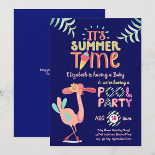 Convite Tropical Flamingo PISCINA Party Pink Blue Quirky D