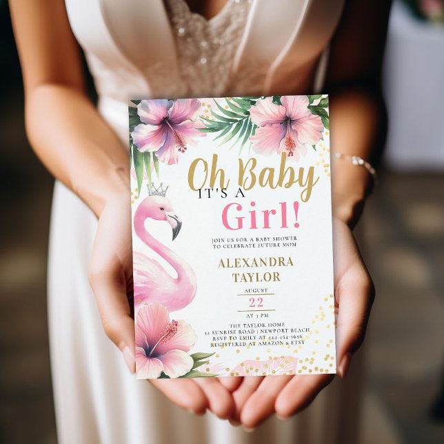 Convite Tropical Flamingo Rosa Dourada É um Chá de fraldas (pink flamingo baby girl shower invitation summer tropical foliage gold tiara aloha hawaii floral)