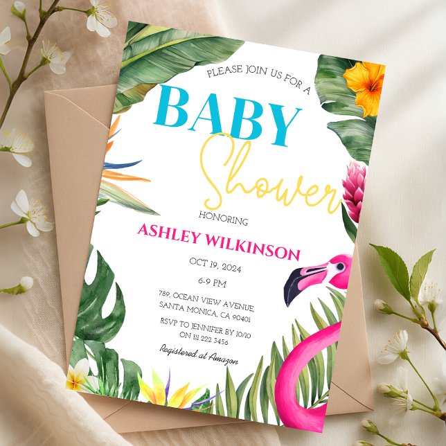 Convite Tropical Flamingo Summer Floral Chá de fraldas (Tropical Flamingo Summer Floral Baby Shower Invitation)