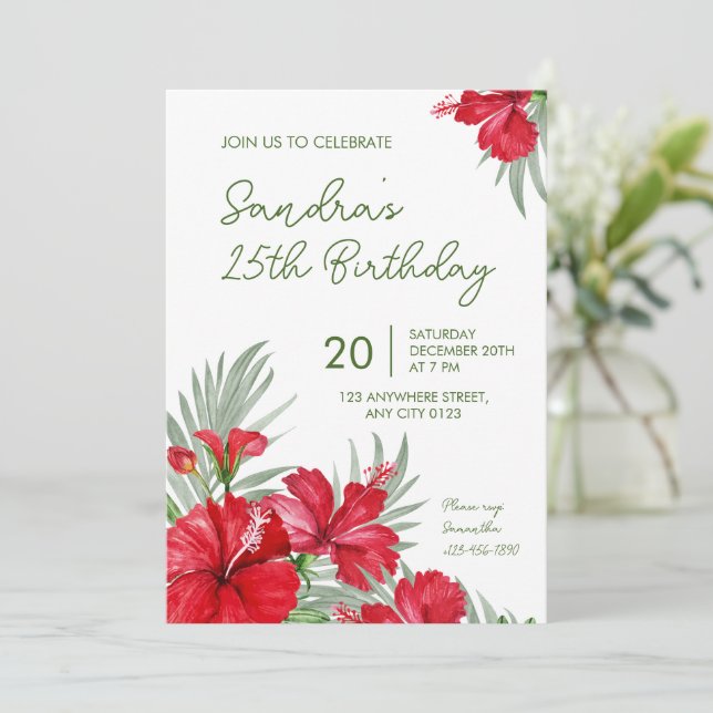 Convite Tropical Floral 25th Birthday Invitation (Em pé/Frente)