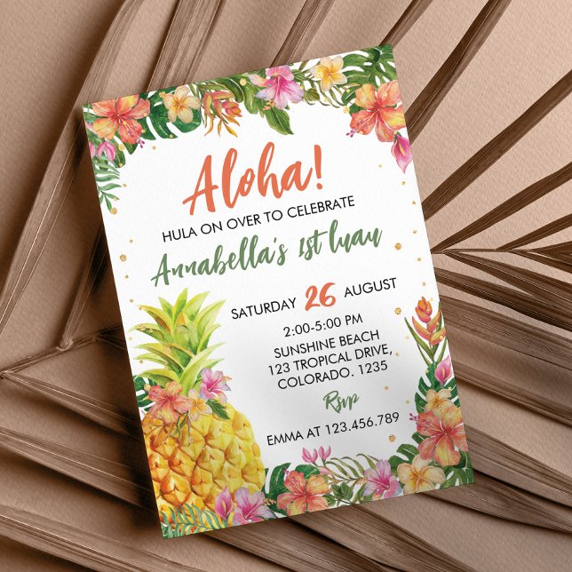 Convite Tropical Floral Aloha Primeiro Luau Aniversário (Criador carregado)