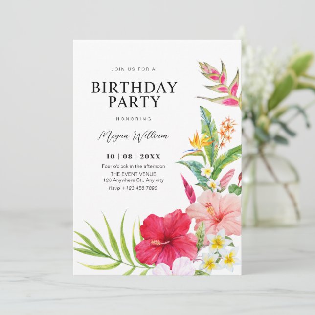 Convite Tropical floral birthday (Em pé/Frente)